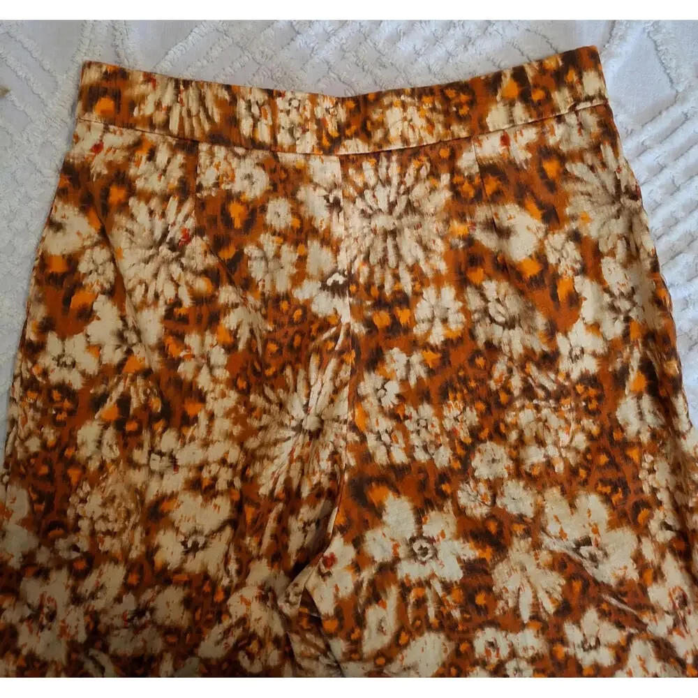 Zara Brown and Cream Floral Wide-Leg Linen Blend Pants